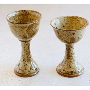 2 Vintage Speckled Oatmeal Tan Brown Stoneware Goblets Studio Pottery Cottage